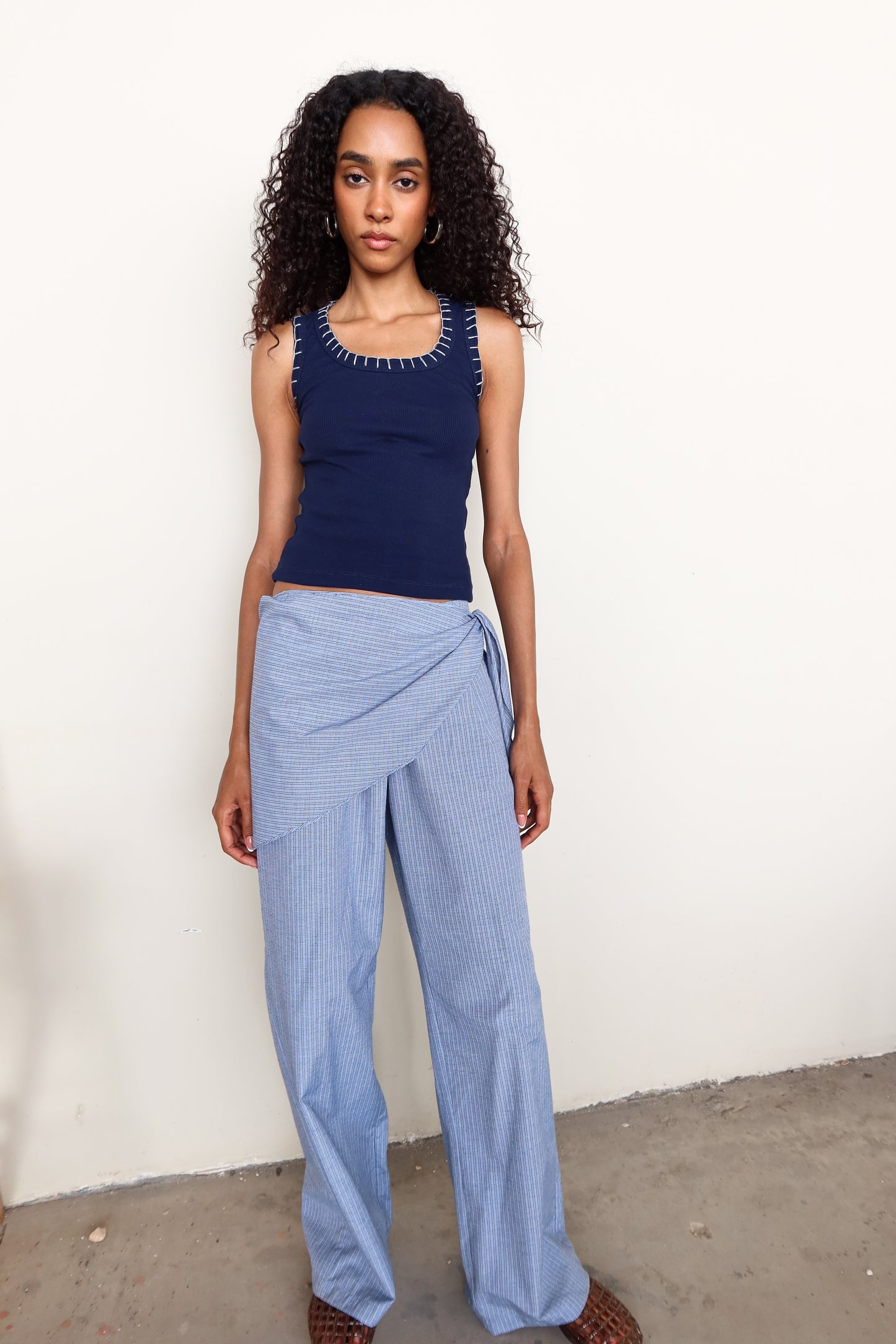 Navy Ribbed Top with Contrast Stitching