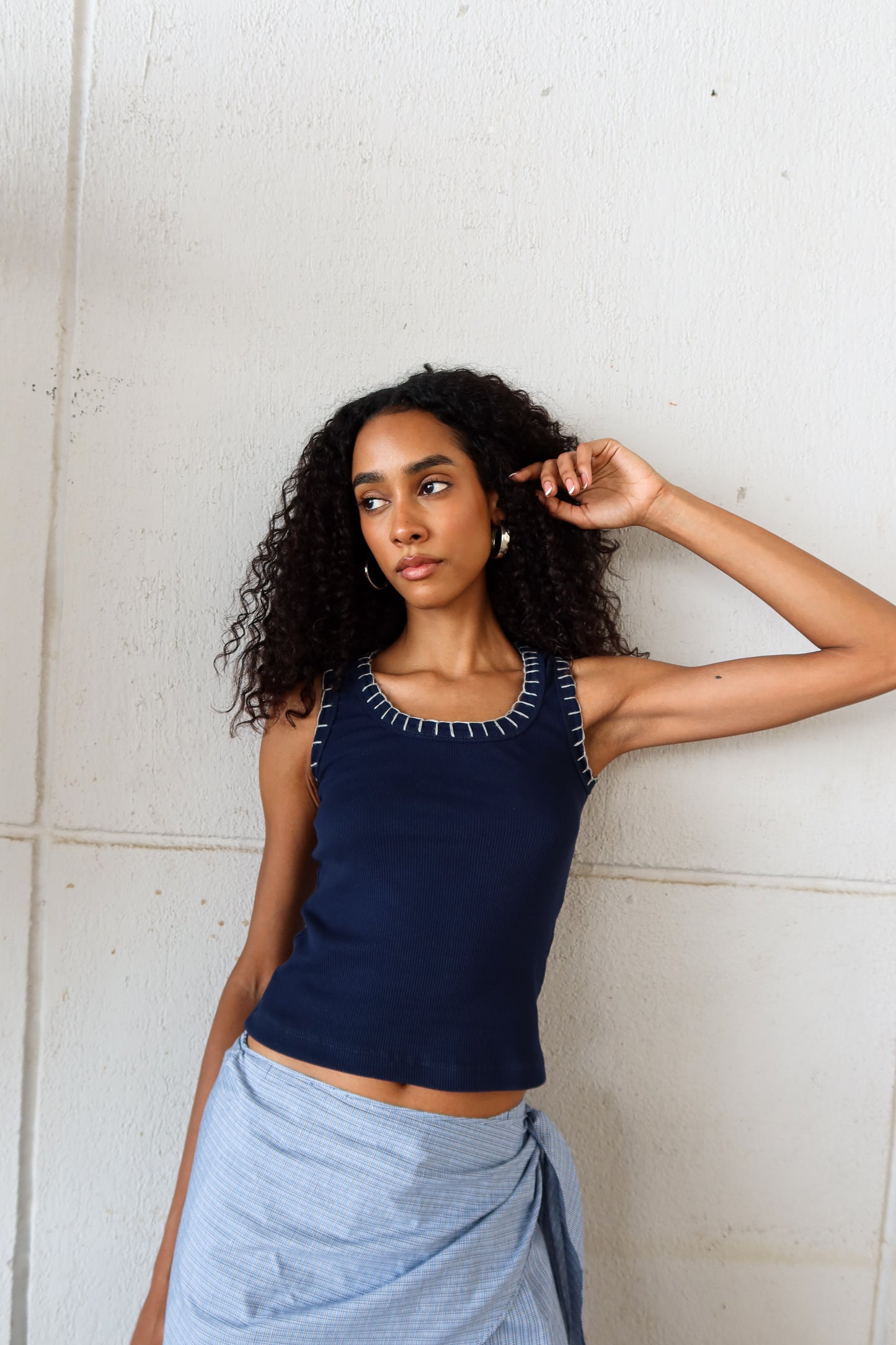 Navy Ribbed Top with Contrast Stitching
