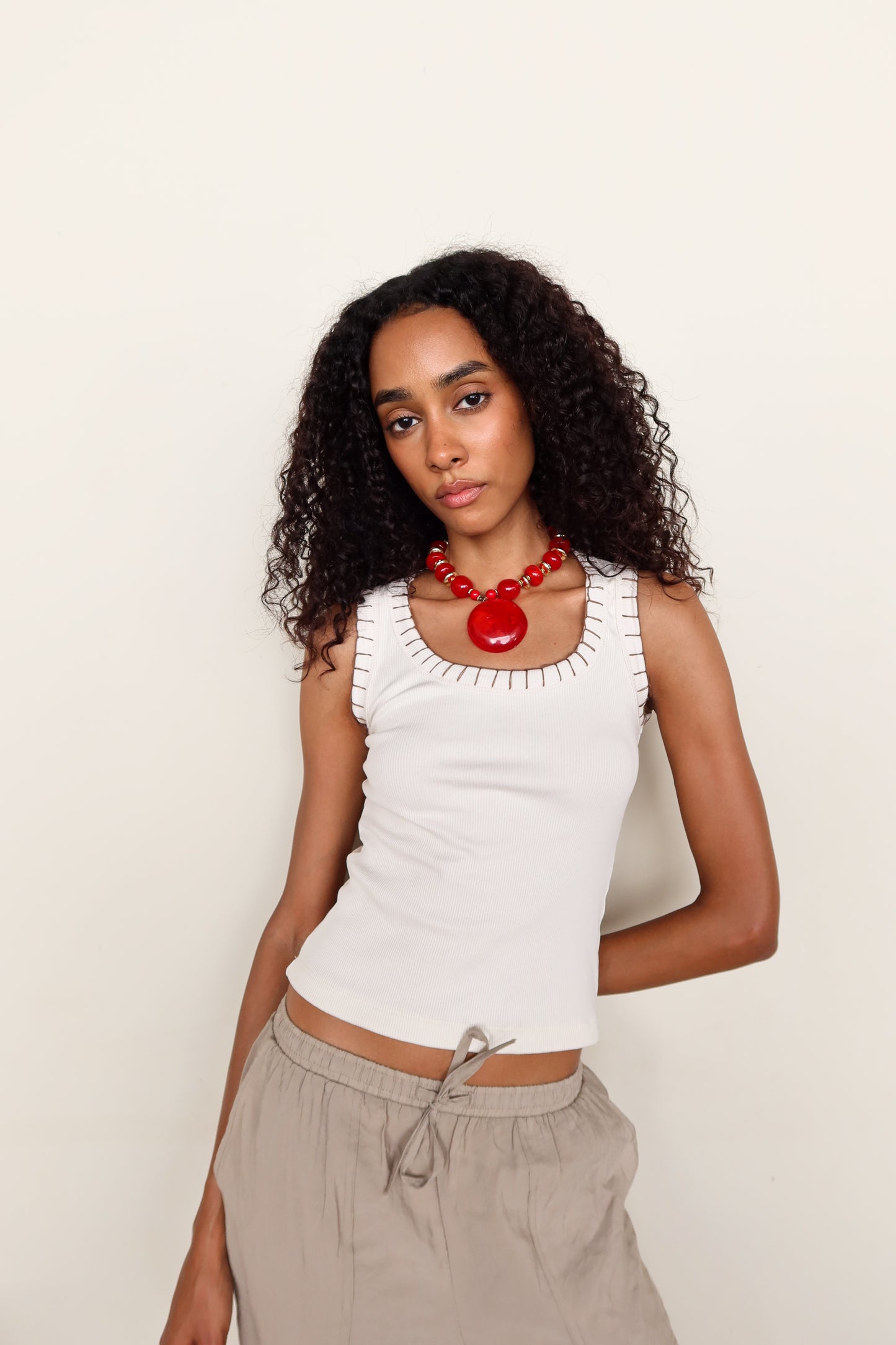 Beige Ribbed Top with Contrast Stitching